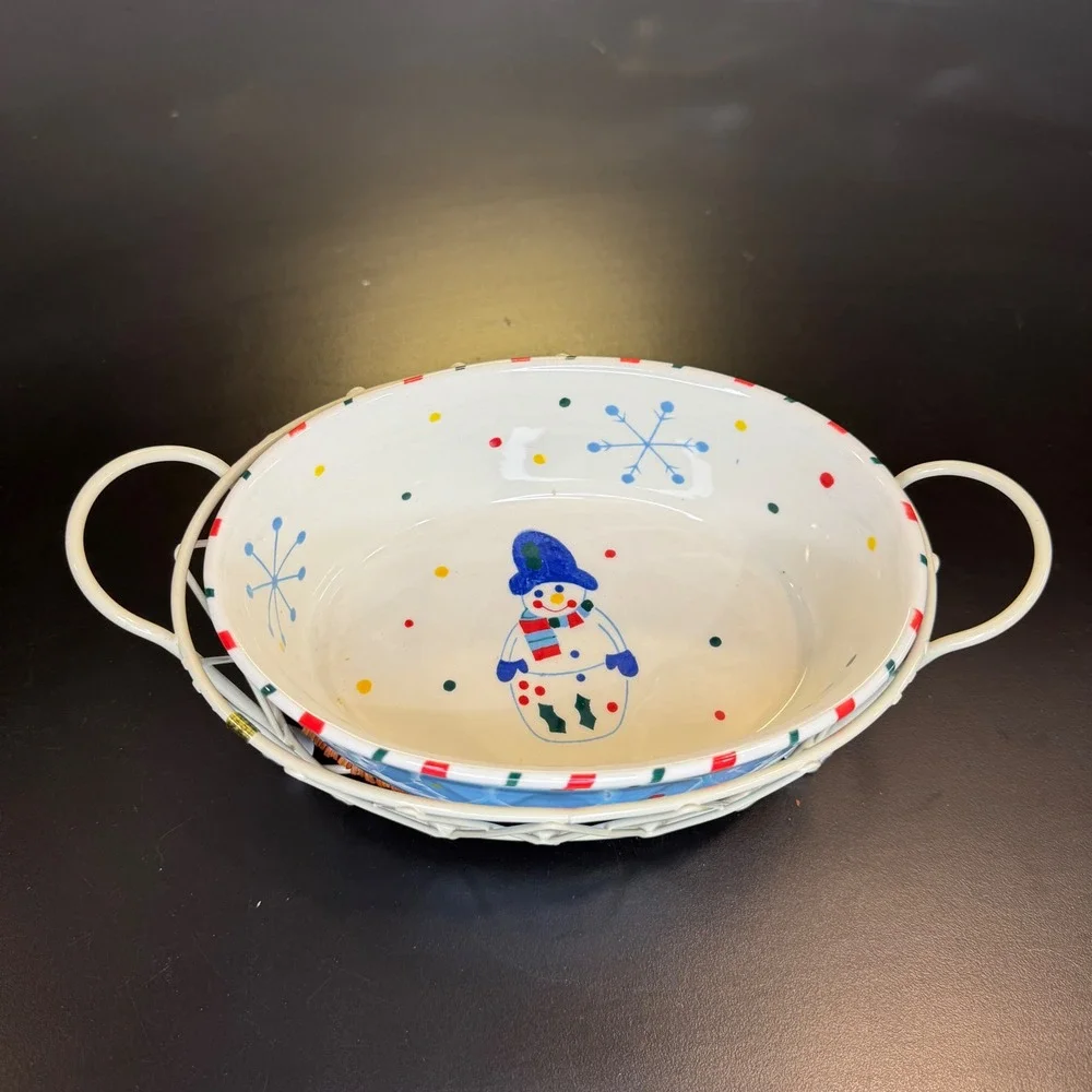 Temp-tations Oval Baker Dish Small Blue Snowman Holiday Christmas Wire Rack